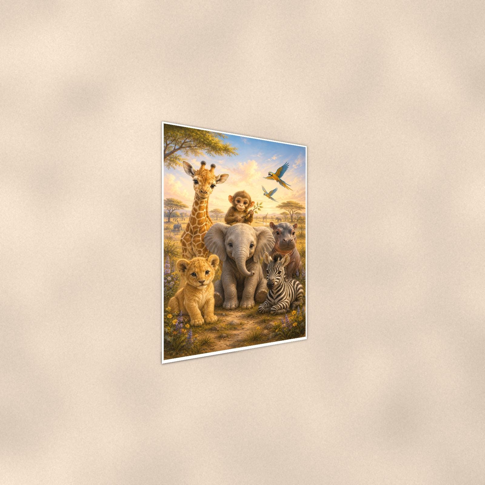 Baby Safari Animals — 24x36 in art print poster, premium luster paper with a white border; steeper three-quarter angle on a warm wall, catching the luster sheen.