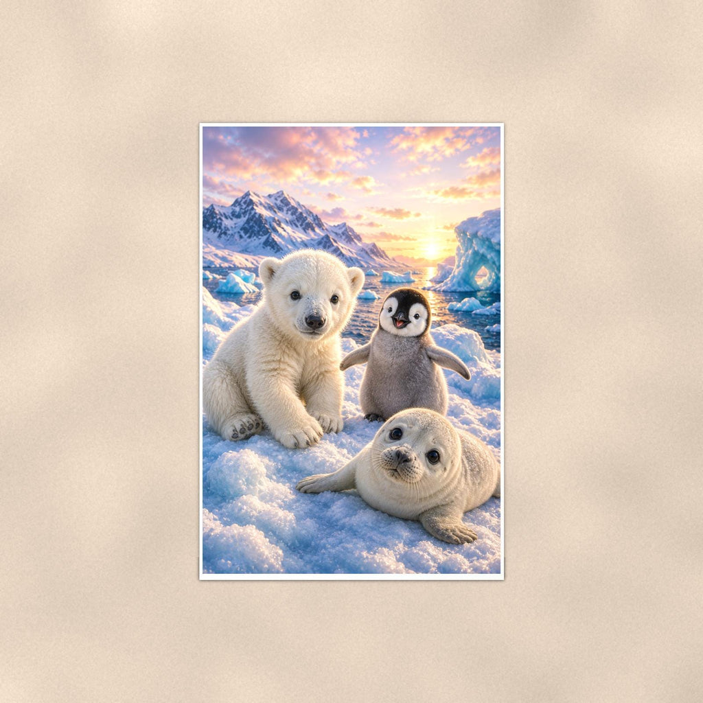 Arctic Animal Friends — 24x36 in art print poster, premium luster paper with a white border; poster shown straight on against a warm wall.