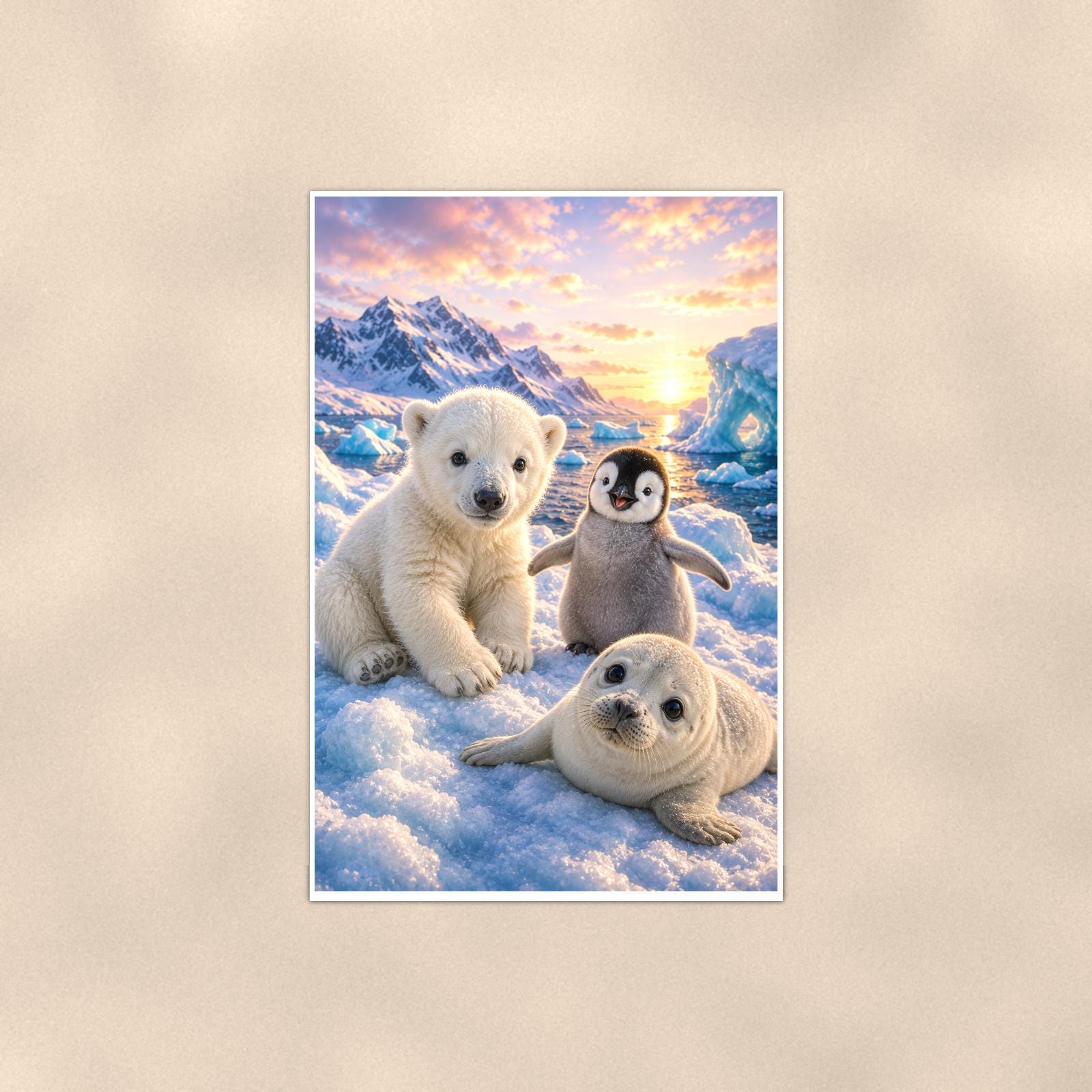 Arctic Animal Friends — 24x36 in art print poster, premium luster paper with a white border; poster shown straight on against a warm wall.