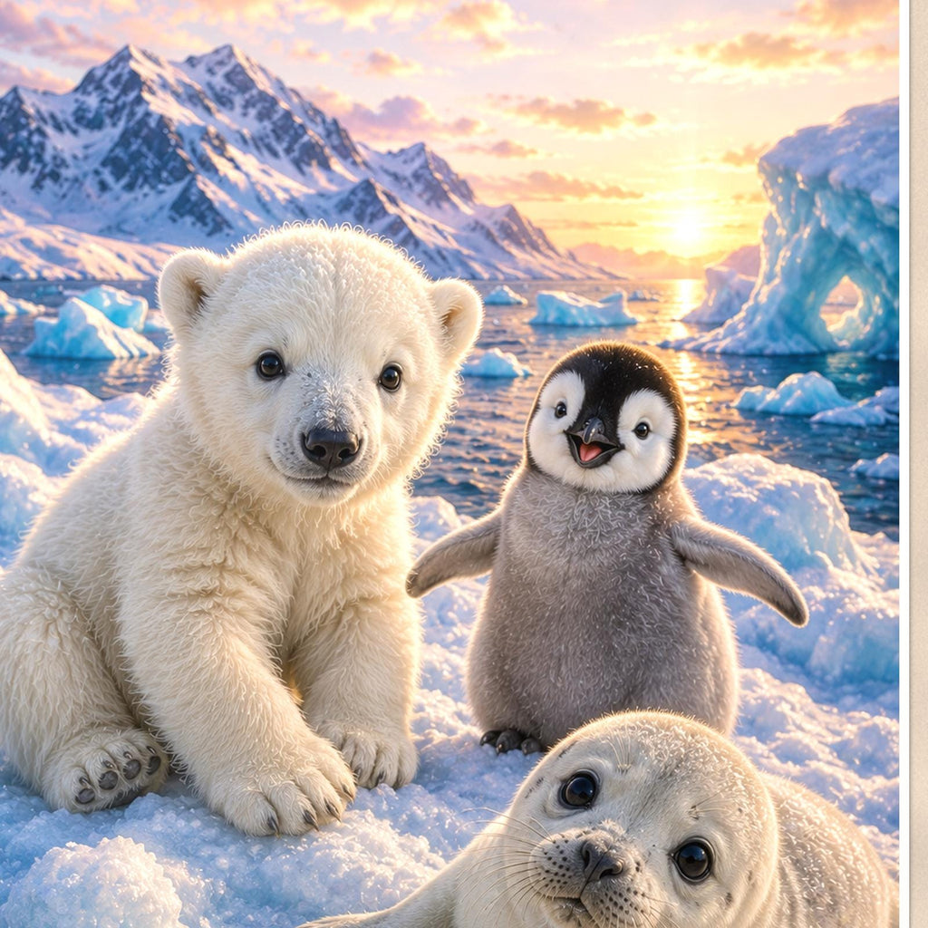 Arctic Animal Friends — 24x36 in art print poster, premium luster paper with a white border; close-up framed on the main subject of the artwork, paper surface visible.