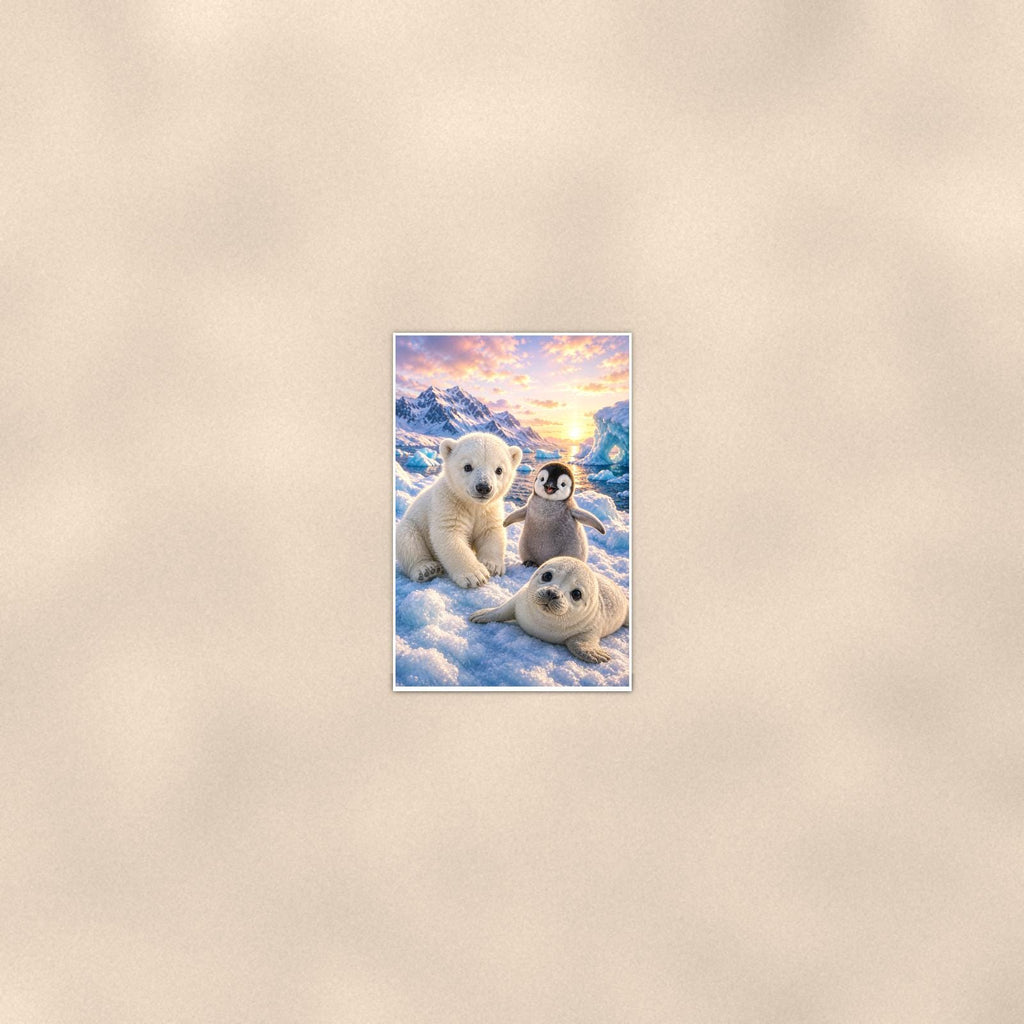 Arctic Animal Friends — 24x36 in art print poster, premium luster paper with a white border; poster seen from further back, at true 24x36 in scale on a warm wall.