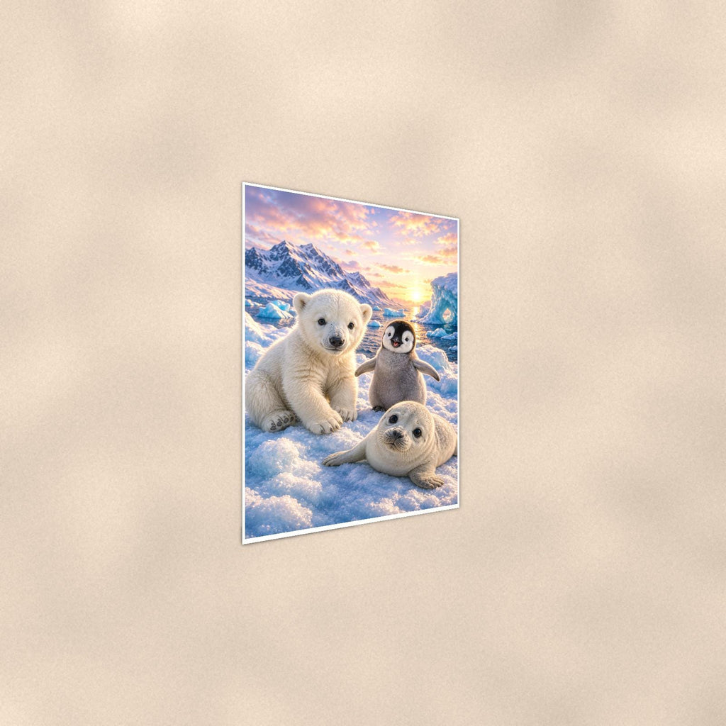 Arctic Animal Friends — 24x36 in art print poster, premium luster paper with a white border; steeper three-quarter angle on a warm wall, catching the luster sheen.