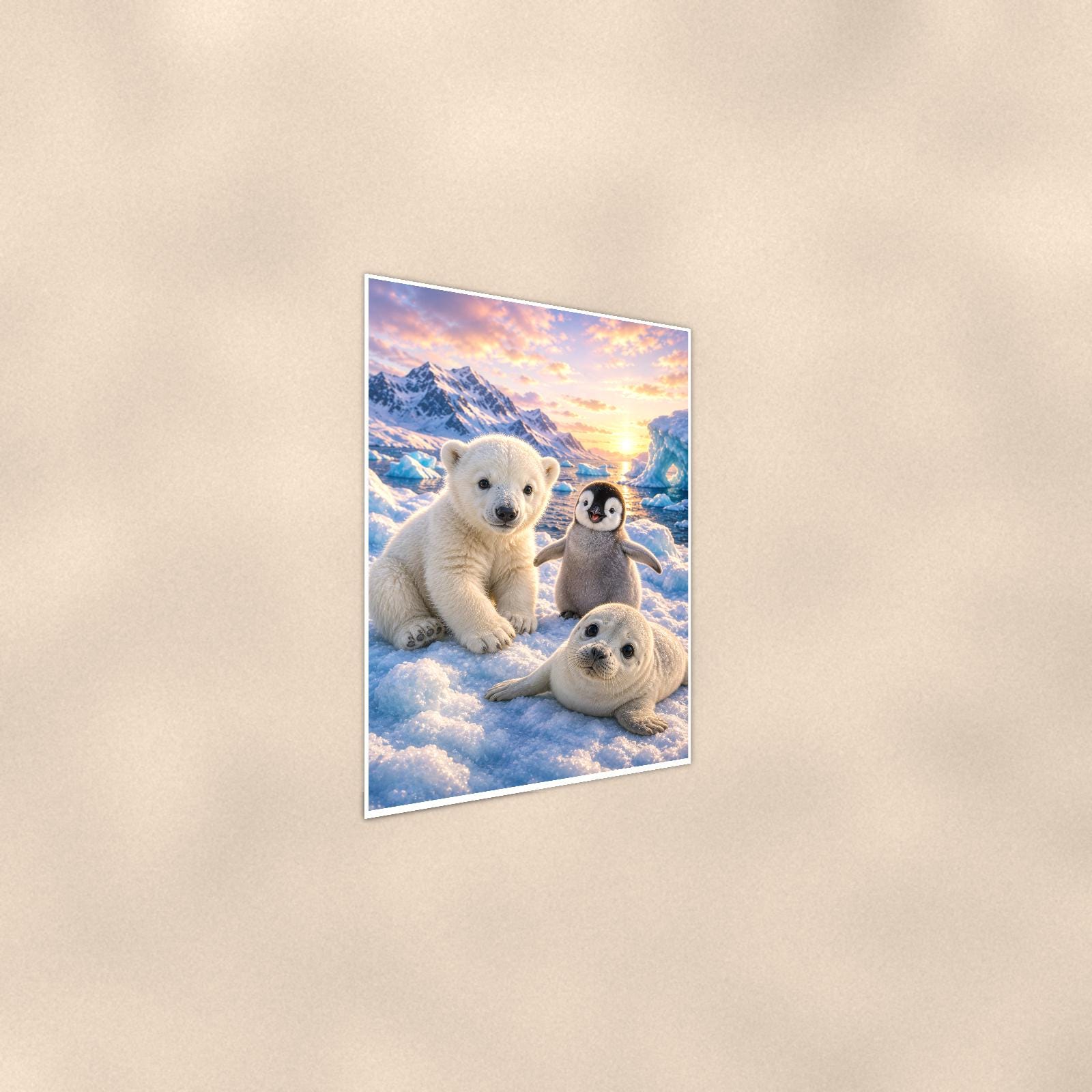 Arctic Animal Friends — 24x36 in art print poster, premium luster paper with a white border; steeper three-quarter angle on a warm wall, catching the luster sheen.