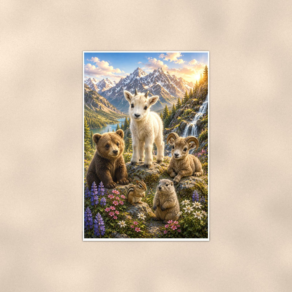 Mountain Wildlife Gathering — 24x36 in art print poster, premium luster paper with a white border; poster shown straight on against a warm wall.