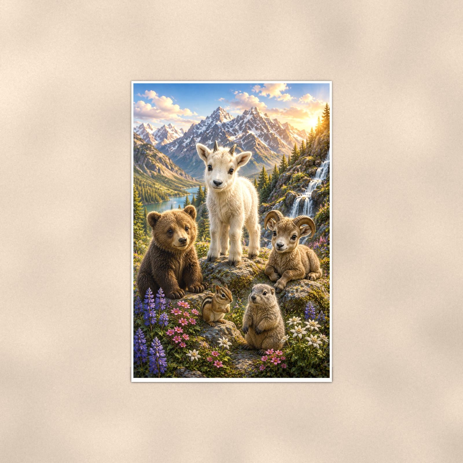 Mountain Wildlife Gathering — 24x36 in art print poster, premium luster paper with a white border; poster shown straight on against a warm wall.