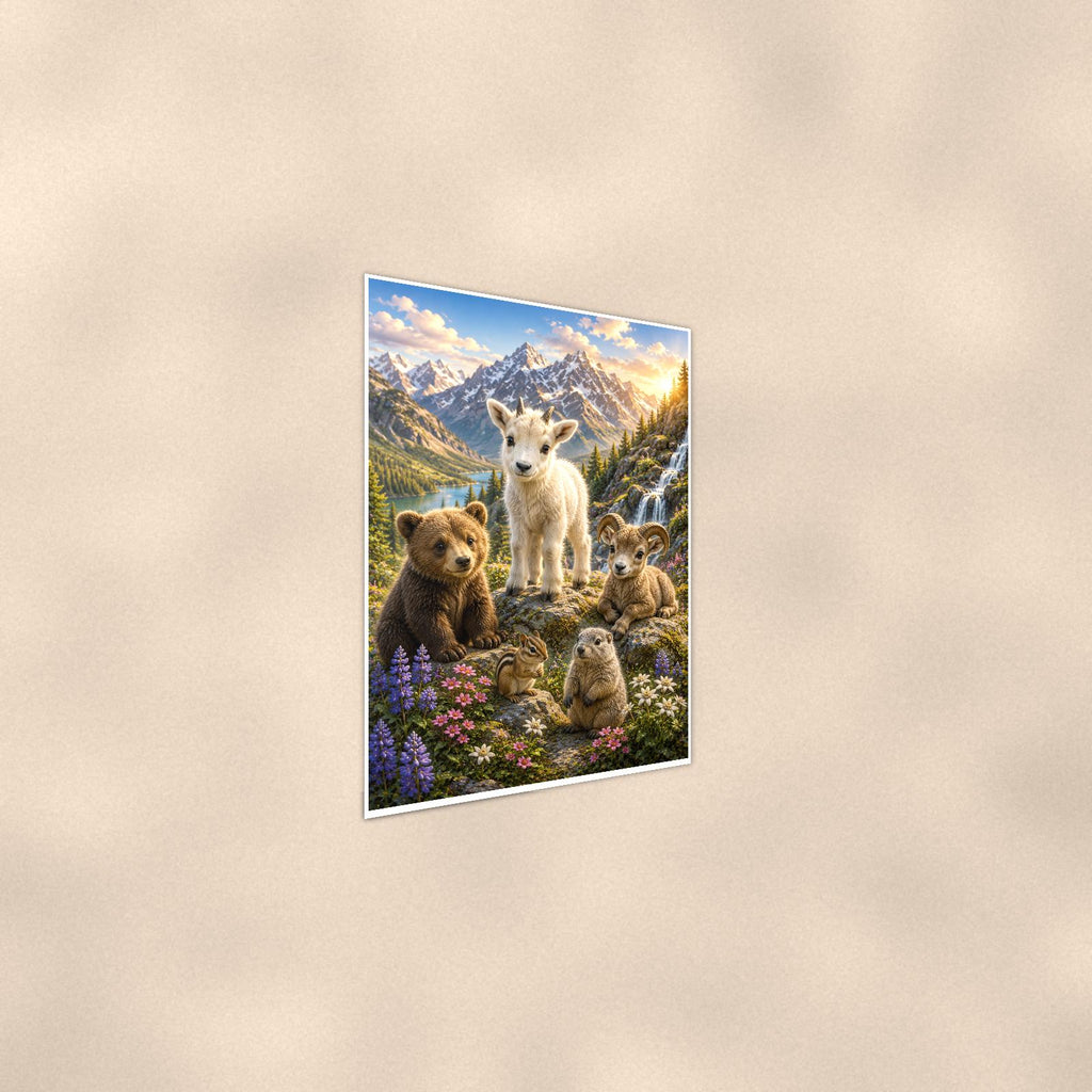 Mountain Wildlife Gathering — 24x36 in art print poster, premium luster paper with a white border; steeper three-quarter angle on a warm wall, catching the luster sheen.