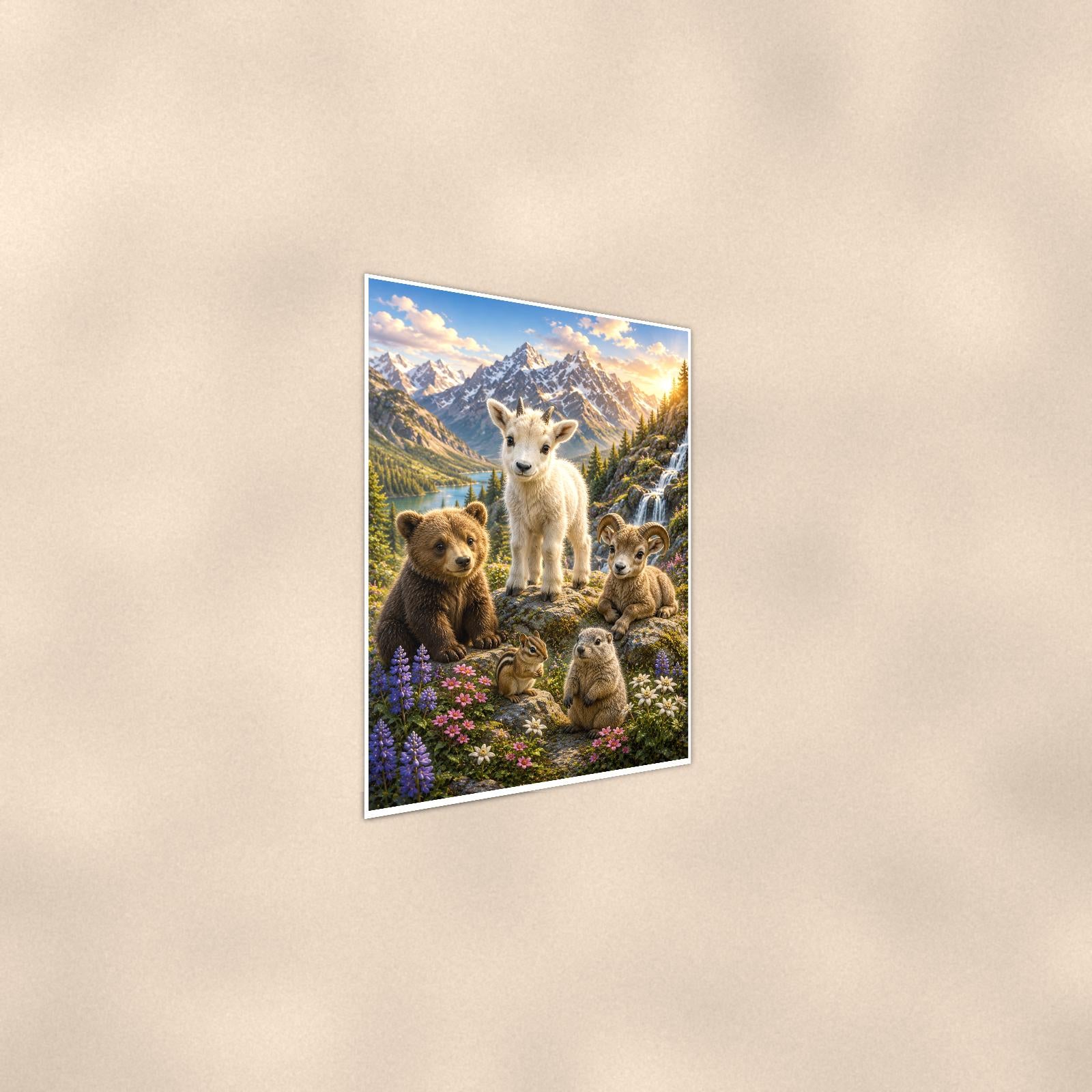 Mountain Wildlife Gathering — 24x36 in art print poster, premium luster paper with a white border; steeper three-quarter angle on a warm wall, catching the luster sheen.