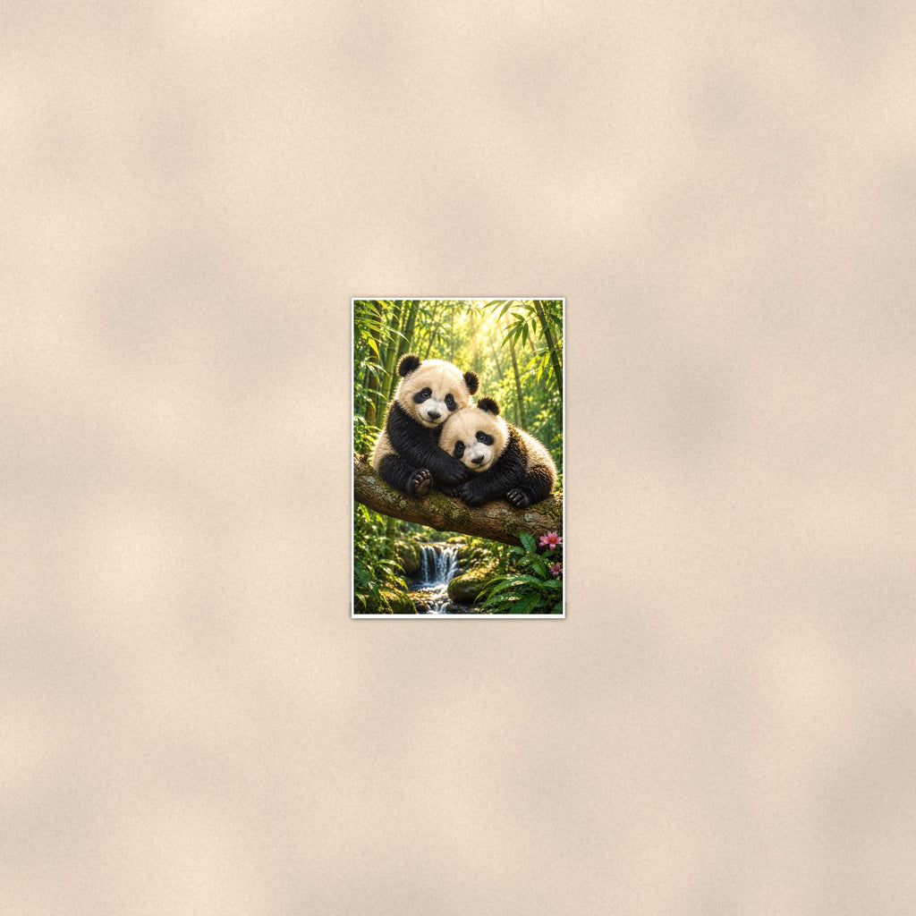 Panda Pair — 24x36 in art print poster, premium luster paper with a white border; poster seen from further back, at true 24x36 in scale on a warm wall.