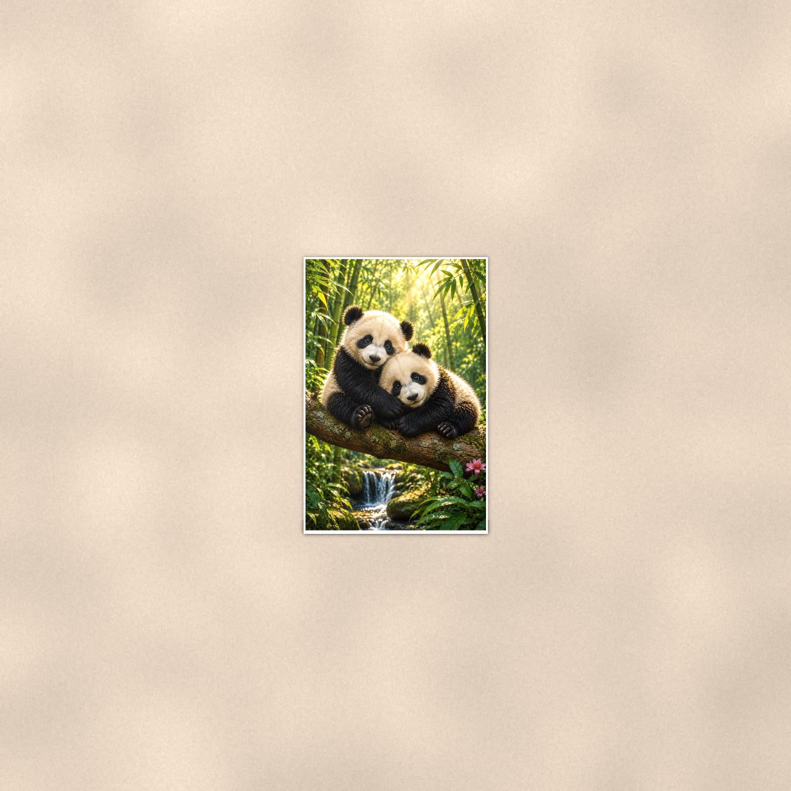 Panda Pair — 24x36 in art print poster, premium luster paper with a white border; poster seen from further back, at true 24x36 in scale on a warm wall.