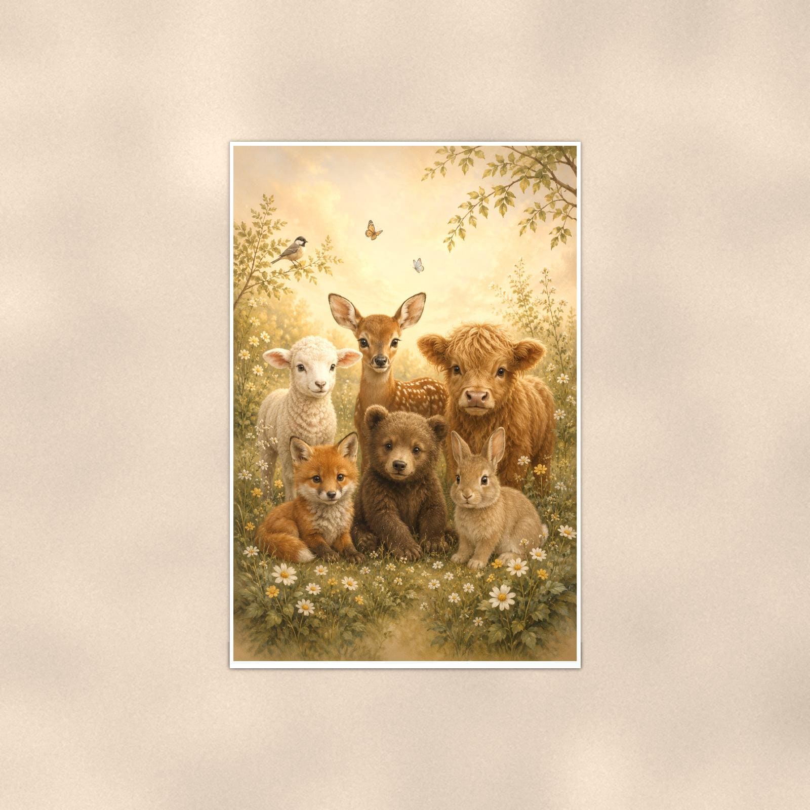 Baby Farm Animals — 24x36 in art print poster, premium luster paper with a white border; poster shown straight on against a warm wall.
