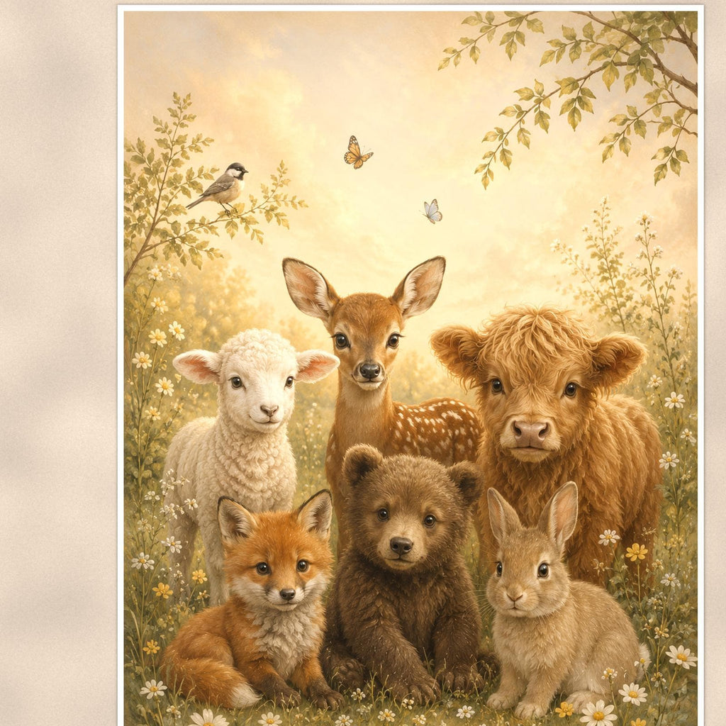 Baby Farm Animals — 24x36 in art print poster, premium luster paper with a white border; close-up framed on the main subject of the artwork, paper surface visible.