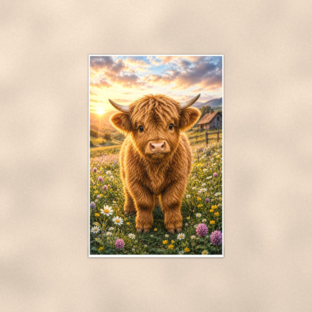 Highland Cow Wildflowers — 24x36 in art print poster, premium luster paper with a white border; poster shown straight on against a warm wall.
