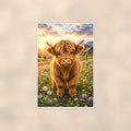 Highland Cow Wildflowers — 24x36 in art print poster, premium luster paper with a white border; poster shown straight on against a warm wall.