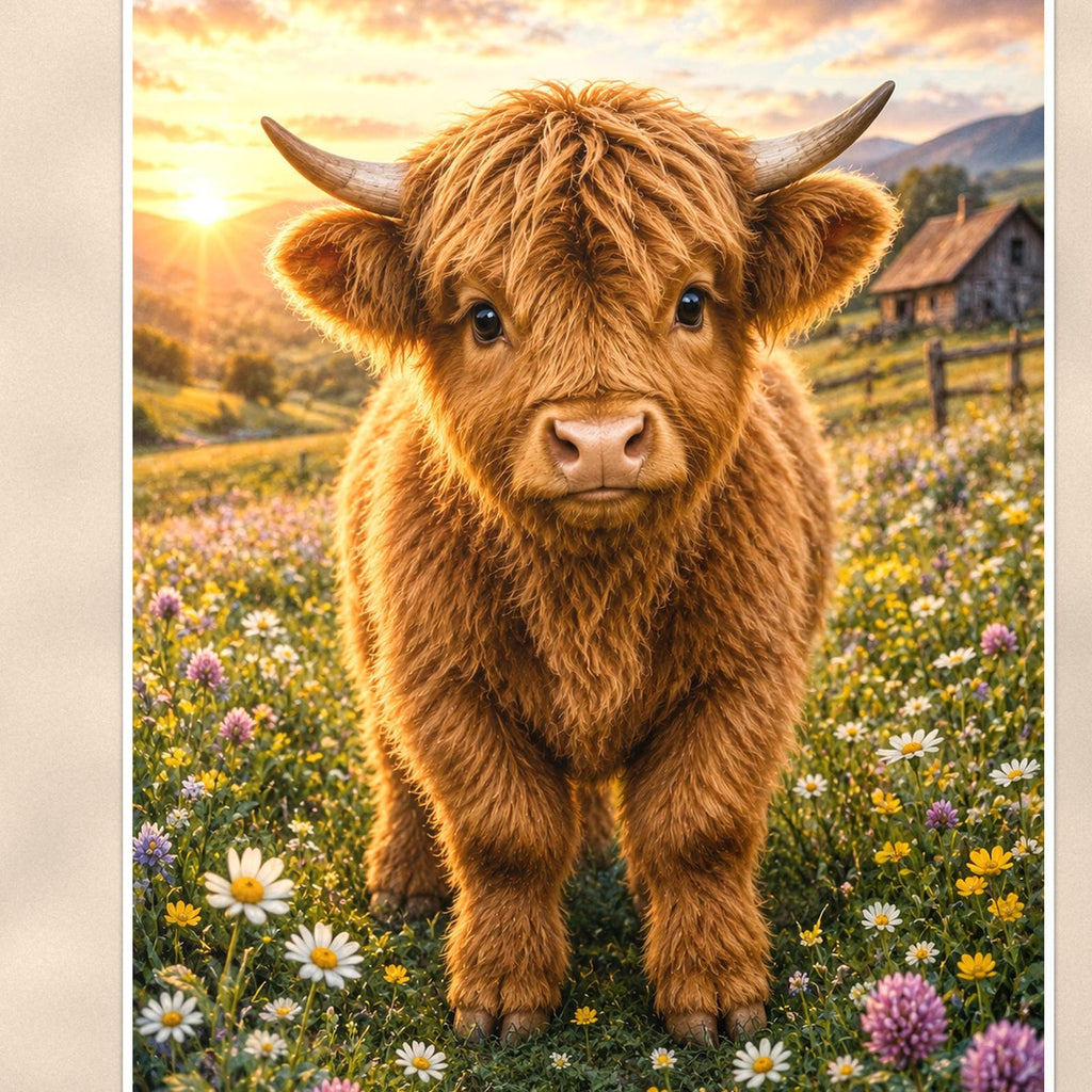 Highland Cow Wildflowers — 24x36 in art print poster, premium luster paper with a white border; close-up framed on the main subject of the artwork, paper surface visible.
