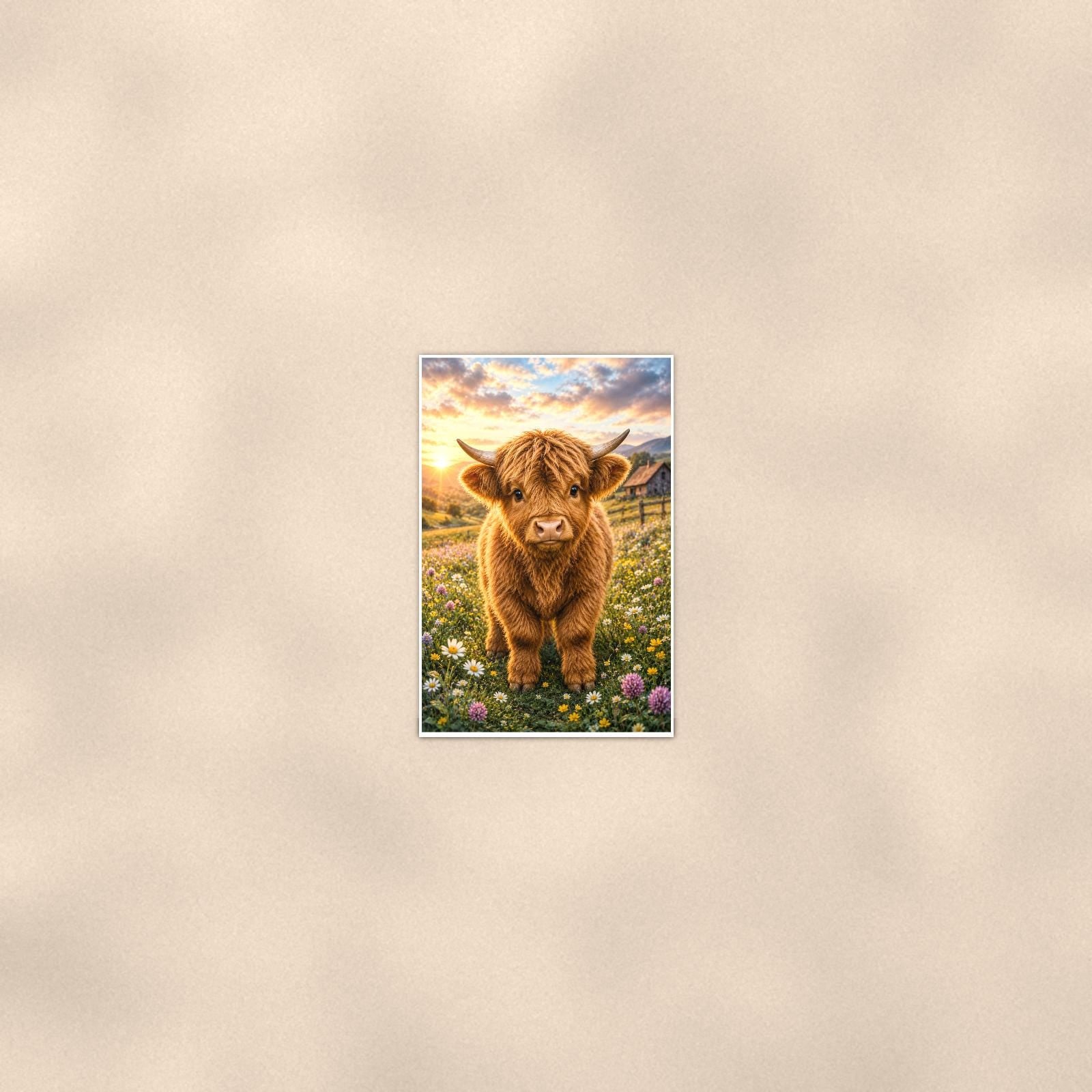 Highland Cow Wildflowers — 24x36 in art print poster, premium luster paper with a white border; poster seen from further back, at true 24x36 in scale on a warm wall.