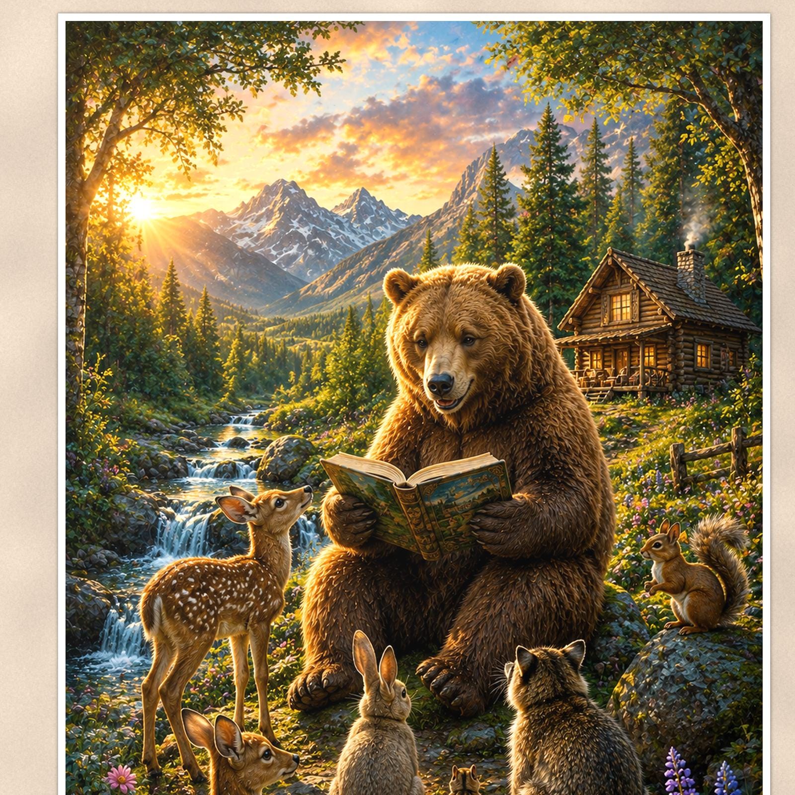 Bear Bicycle Ride — 24x36 in art print poster, premium luster paper with a white border; close-up framed on the main subject of the artwork, paper surface visible.