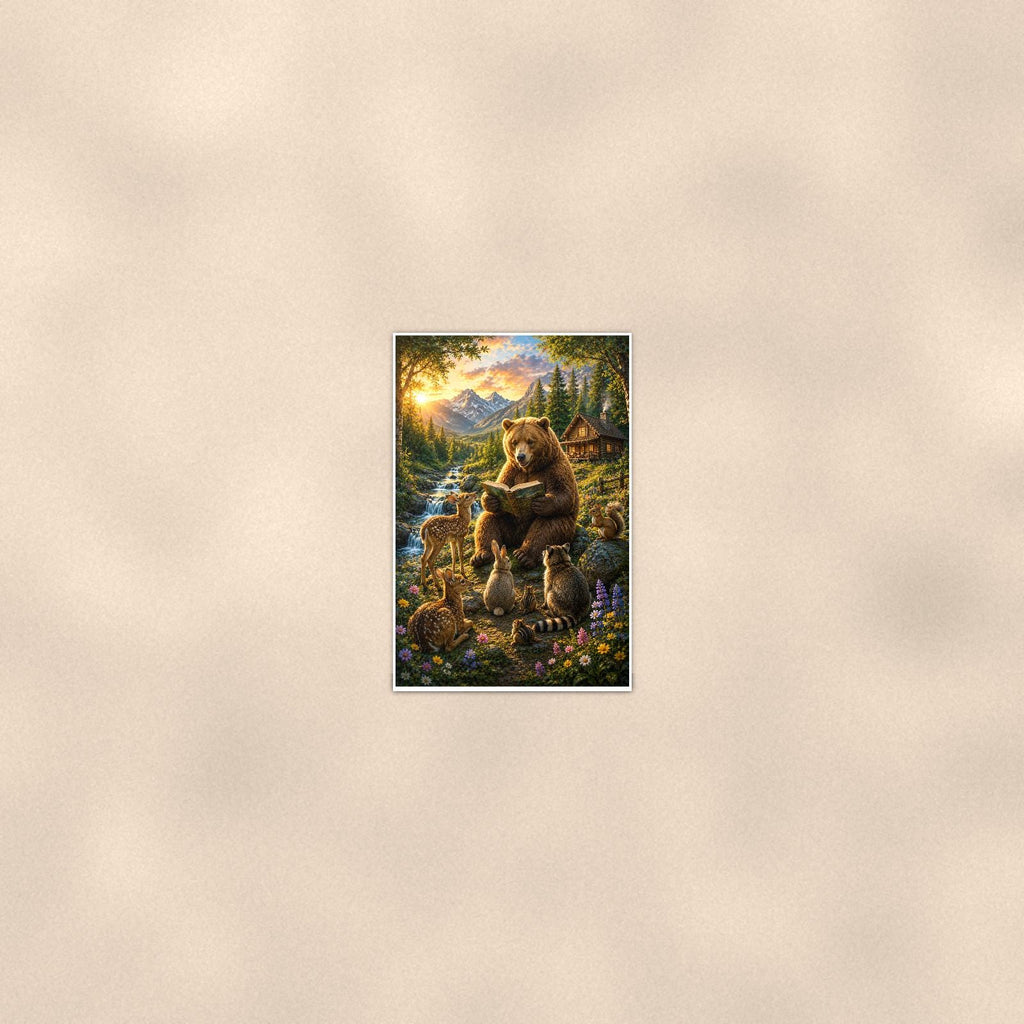 Bear Bicycle Ride — 24x36 in art print poster, premium luster paper with a white border; poster seen from further back, at true 24x36 in scale on a warm wall.
