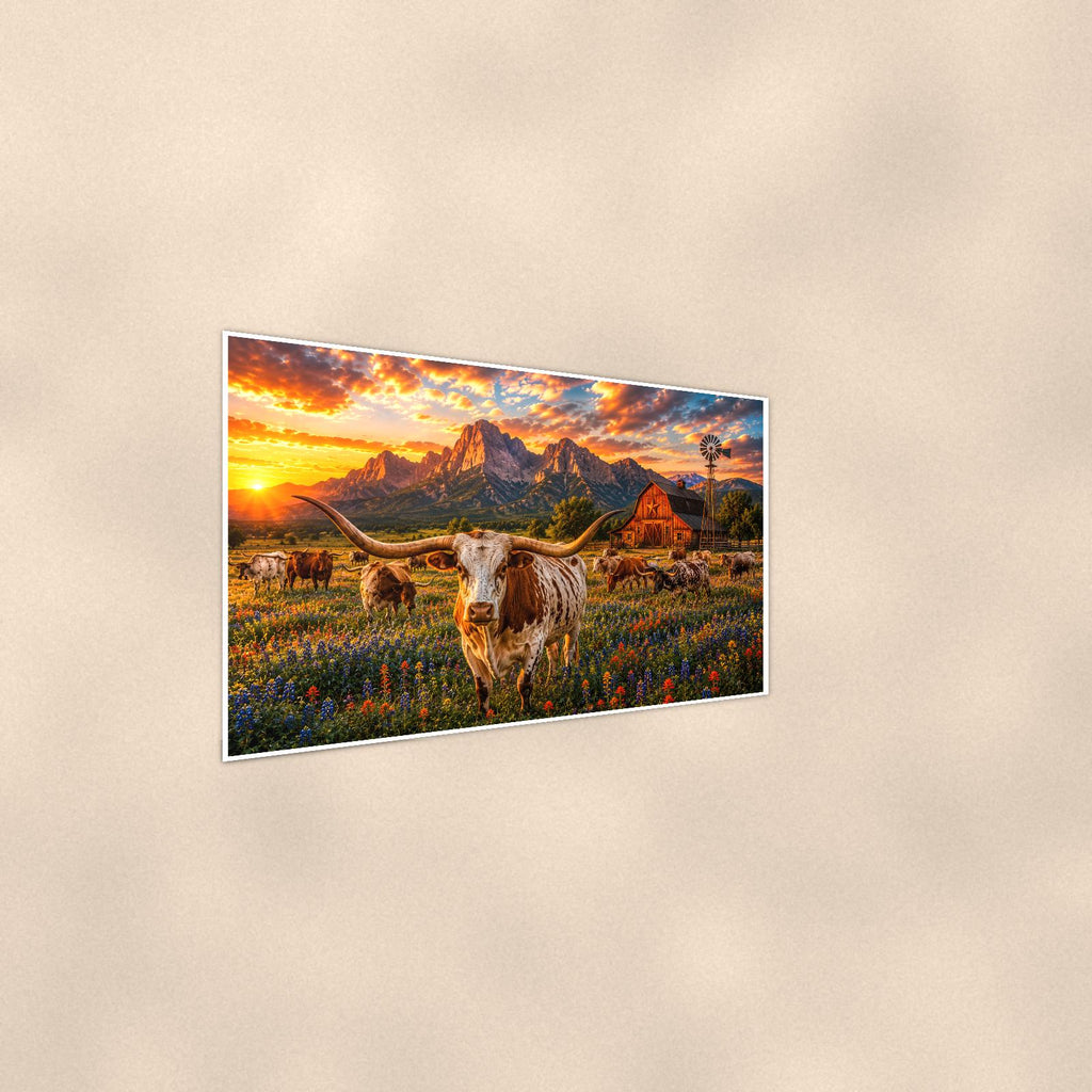 Highland Cow Farm — 36x24 in art print poster, premium luster paper with a white border; steeper three-quarter angle on a warm wall, catching the luster sheen.