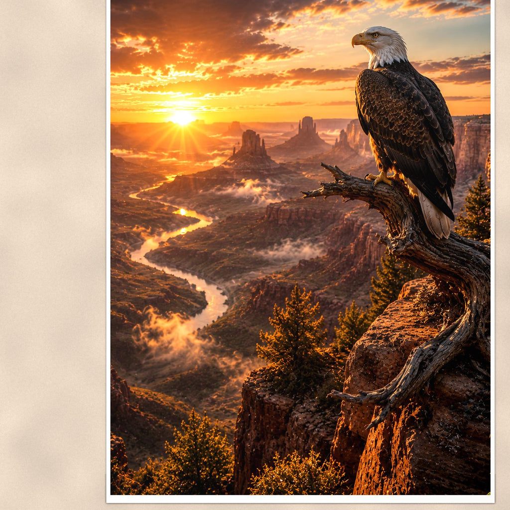 Bald Eagle River (Bird) — 24x36 in art print poster, premium luster paper with a white border; close-up framed on the main subject of the artwork, paper surface visible.