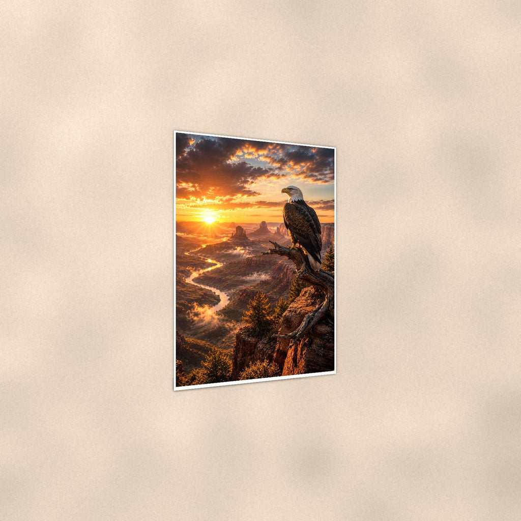Bald Eagle River (Bird) — 24x36 in art print poster, premium luster paper with a white border; gentle three-quarter angle on a warm wall, showing the flat paper edge.
