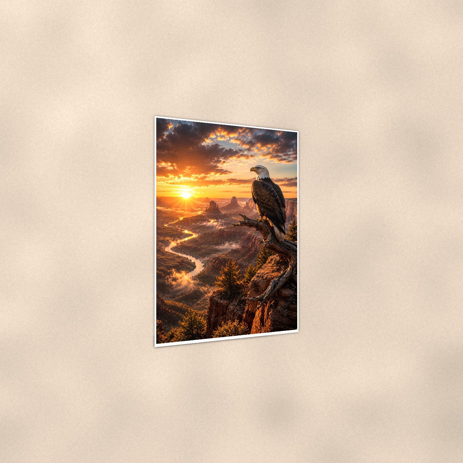 Bald Eagle River (Bird) — 24x36 in art print poster, premium luster paper with a white border; gentle three-quarter angle on a warm wall, showing the flat paper edge.