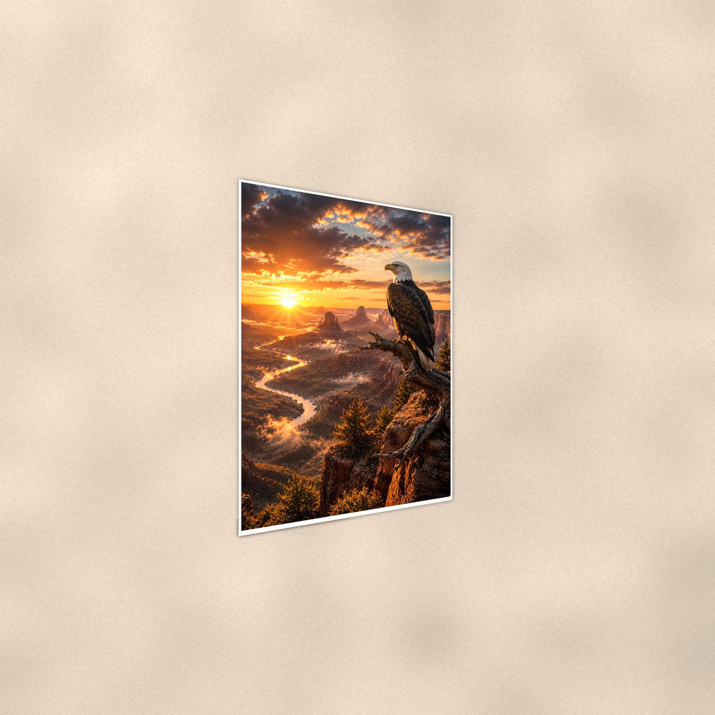 Bald Eagle River (Bird) — 24x36 in art print poster, premium luster paper with a white border; steeper three-quarter angle on a warm wall, catching the luster sheen.