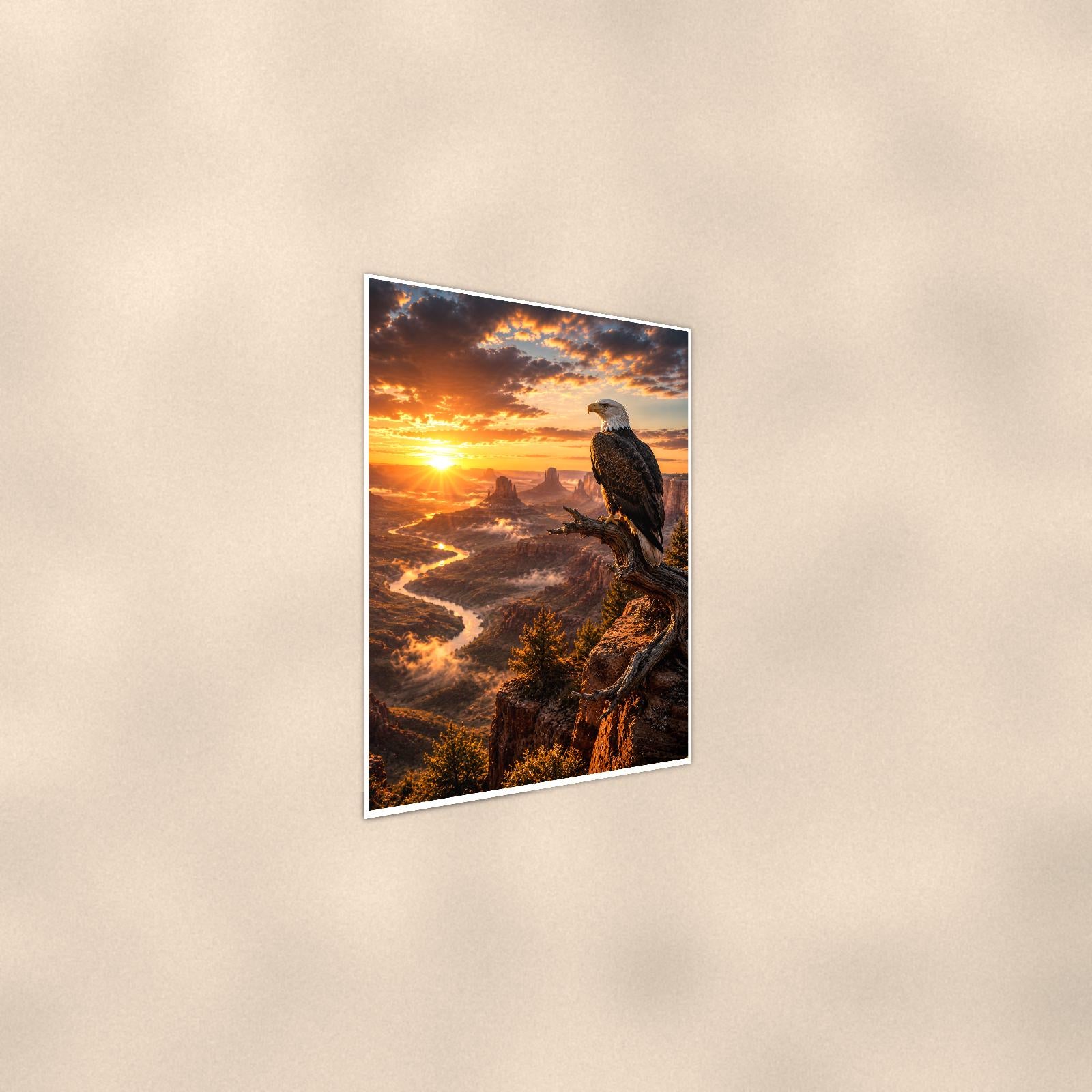 Bald Eagle River (Bird) — 24x36 in art print poster, premium luster paper with a white border; steeper three-quarter angle on a warm wall, catching the luster sheen.