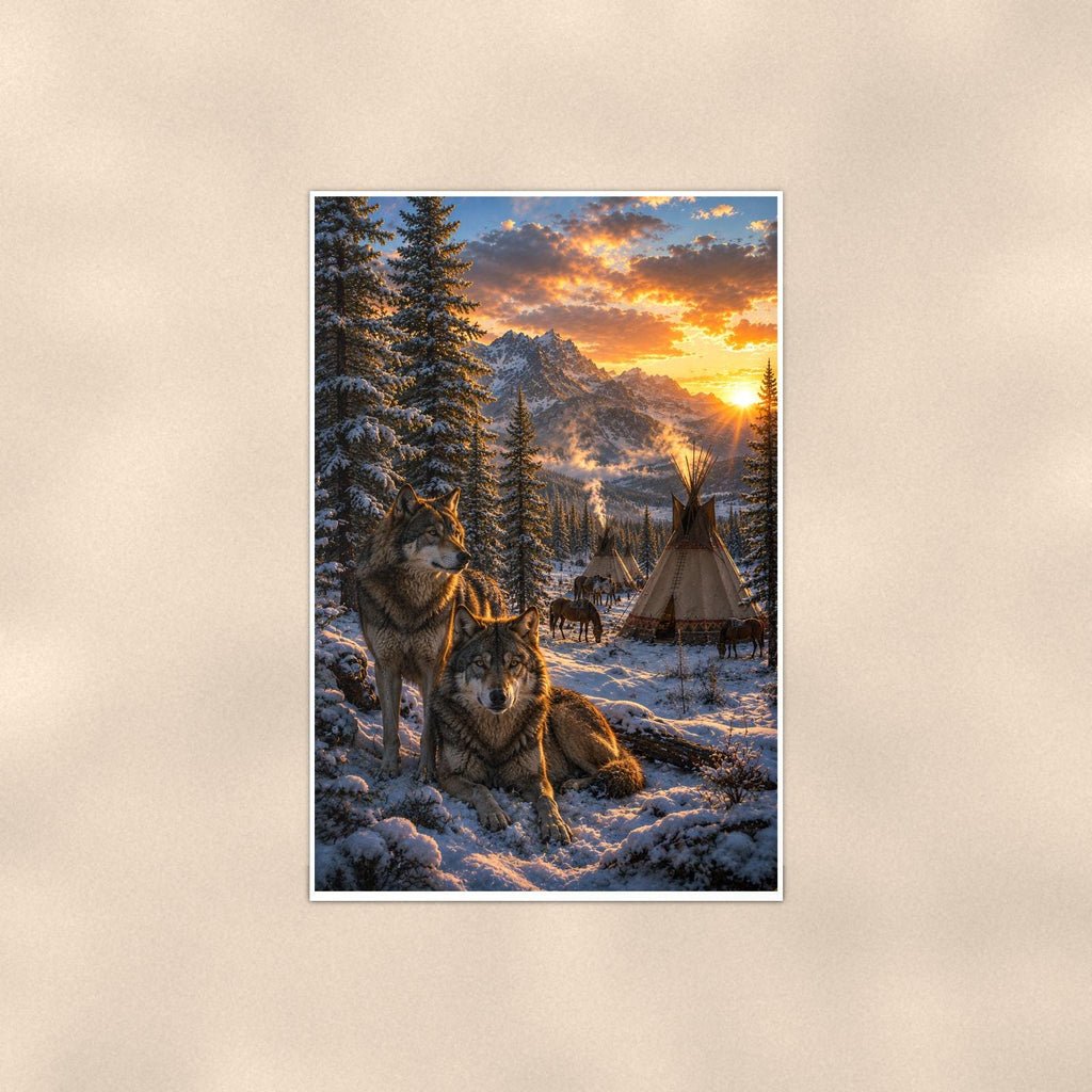 Wolf Winter Camp — 24x36 in art print poster, premium luster paper with a white border; poster shown straight on against a warm wall.