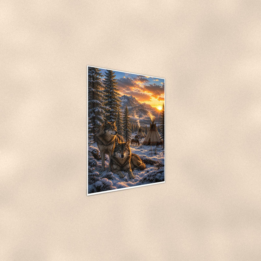 Wolf Winter Camp — 24x36 in art print poster, premium luster paper with a white border; steeper three-quarter angle on a warm wall, catching the luster sheen.