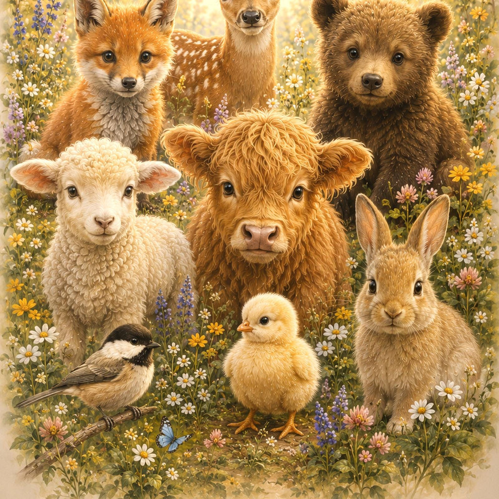 Woodland Baby Animals — 24x36 in art print poster, premium luster paper with a white border; close-up framed on the main subject of the artwork, paper surface visible.