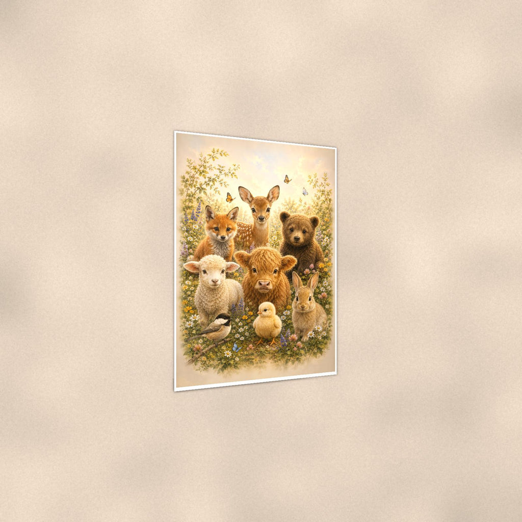 Woodland Baby Animals — 24x36 in art print poster, premium luster paper with a white border; gentle three-quarter angle on a warm wall, showing the flat paper edge.