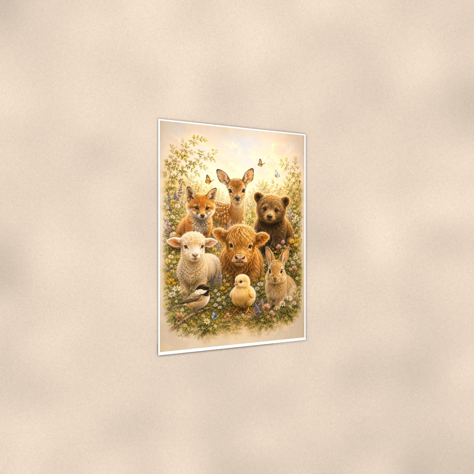 Woodland Baby Animals — 24x36 in art print poster, premium luster paper with a white border; gentle three-quarter angle on a warm wall, showing the flat paper edge.