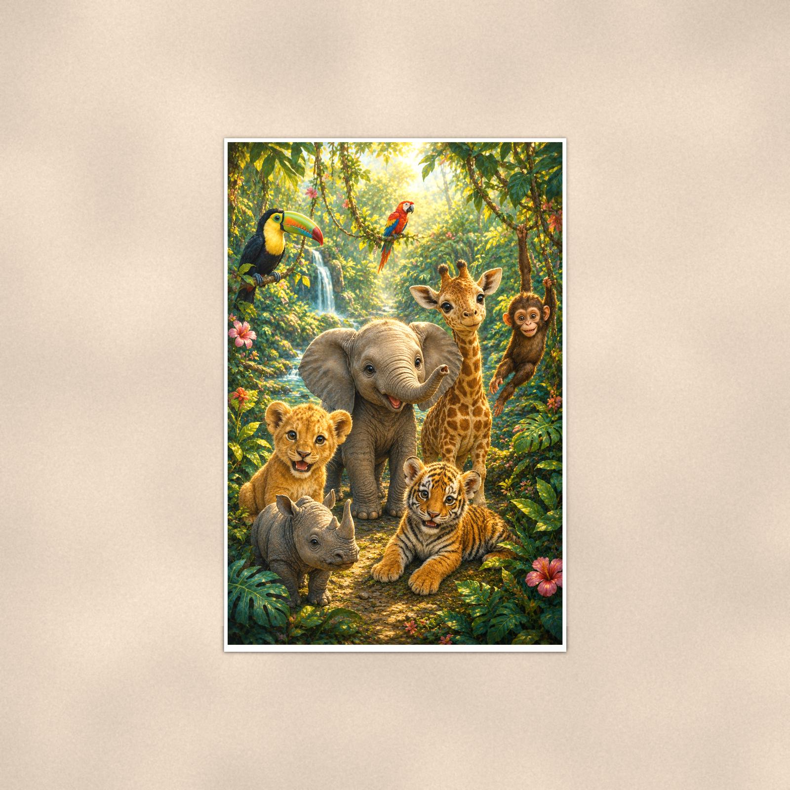 Jungle Animal Friends — 24x36 in art print poster, premium luster paper with a white border; poster shown straight on against a warm wall.