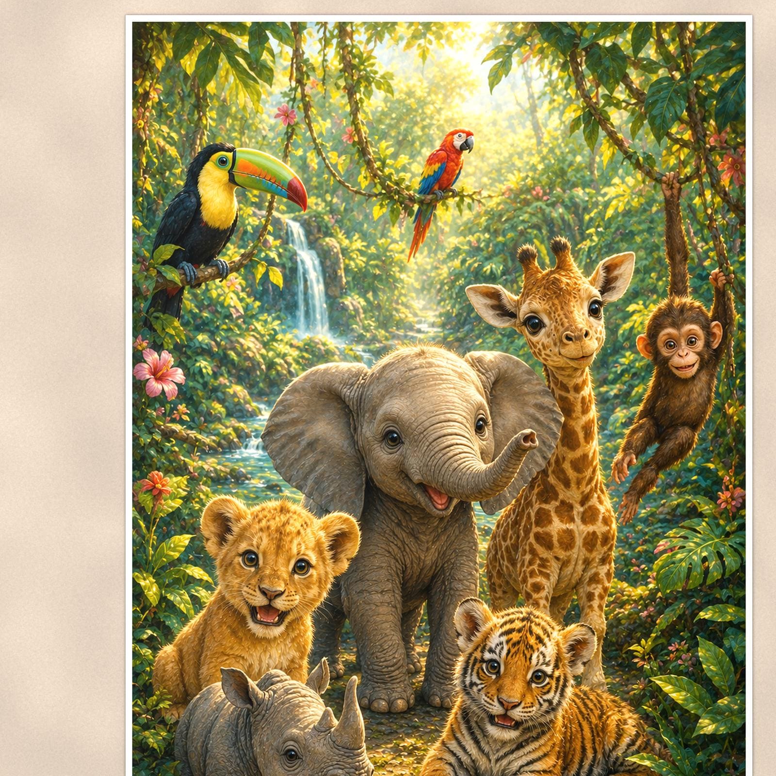 Jungle Animal Friends — 24x36 in art print poster, premium luster paper with a white border; close-up framed on the main subject of the artwork, paper surface visible.