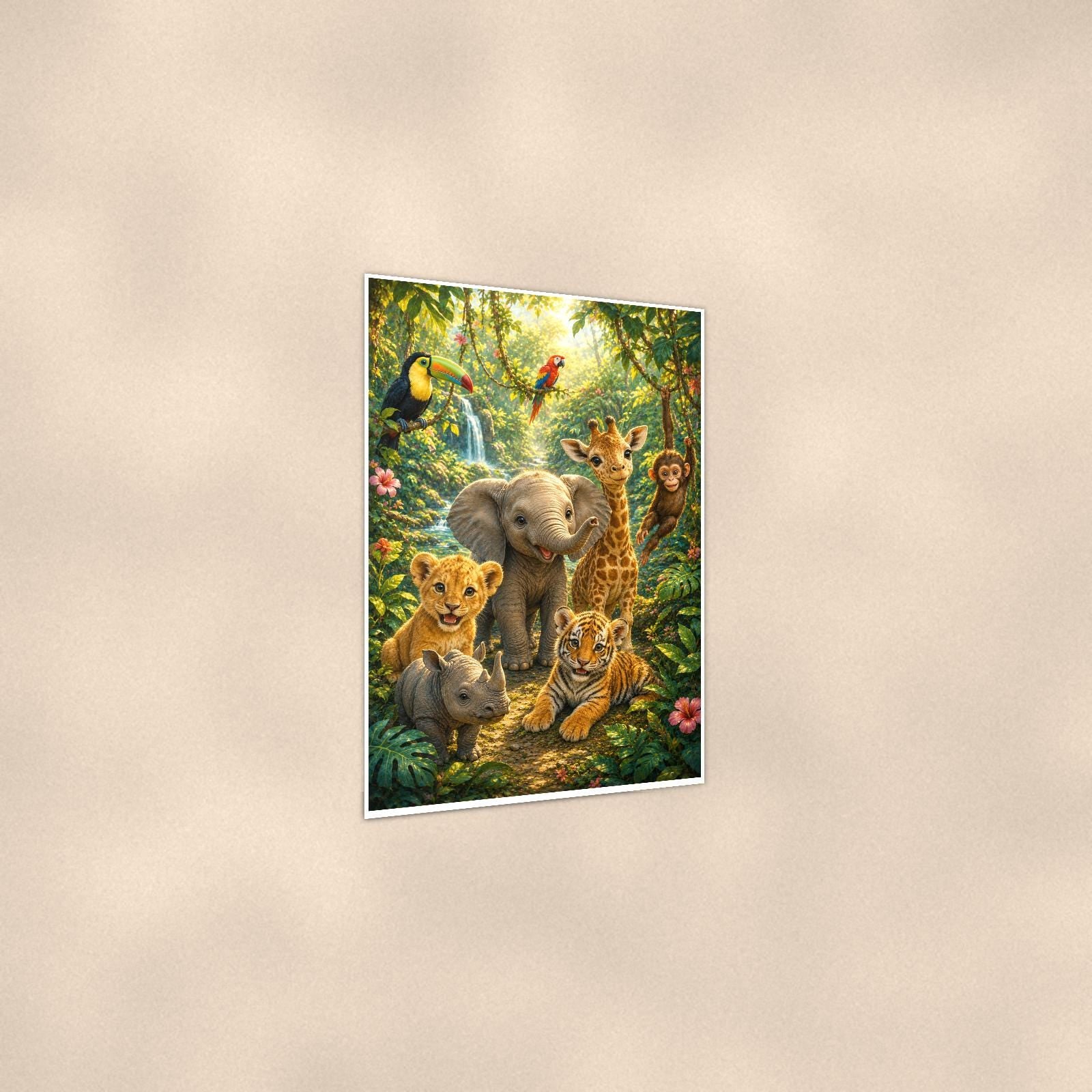 Jungle Animal Friends — 24x36 in art print poster, premium luster paper with a white border; gentle three-quarter angle on a warm wall, showing the flat paper edge.