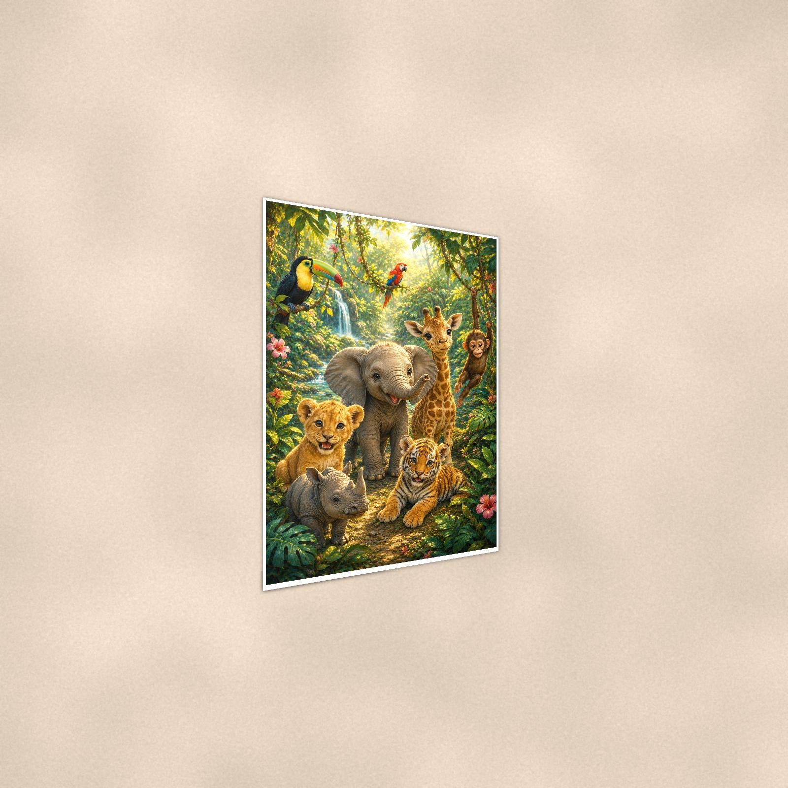 Jungle Animal Friends — 24x36 in art print poster, premium luster paper with a white border; steeper three-quarter angle on a warm wall, catching the luster sheen.