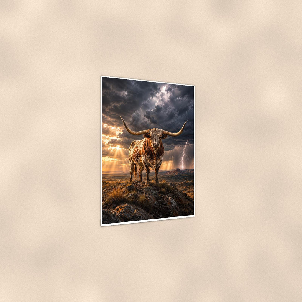 Storm Longhorn — 24x36 in art print poster, premium luster paper with a white border; gentle three-quarter angle on a warm wall, showing the flat paper edge.