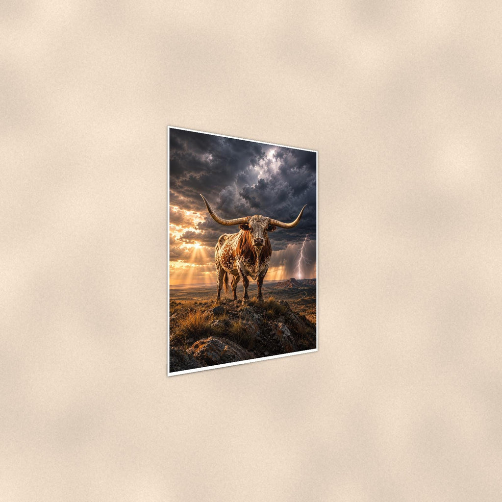 Storm Longhorn — 24x36 in art print poster, premium luster paper with a white border; steeper three-quarter angle on a warm wall, catching the luster sheen.