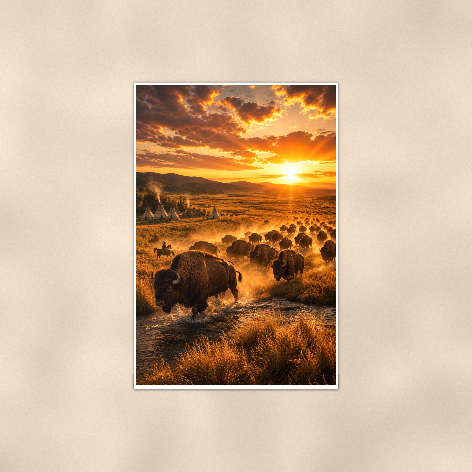Bison Herd Sunset — 24x36 in art print poster, premium luster paper with a white border; poster shown straight on against a warm wall.