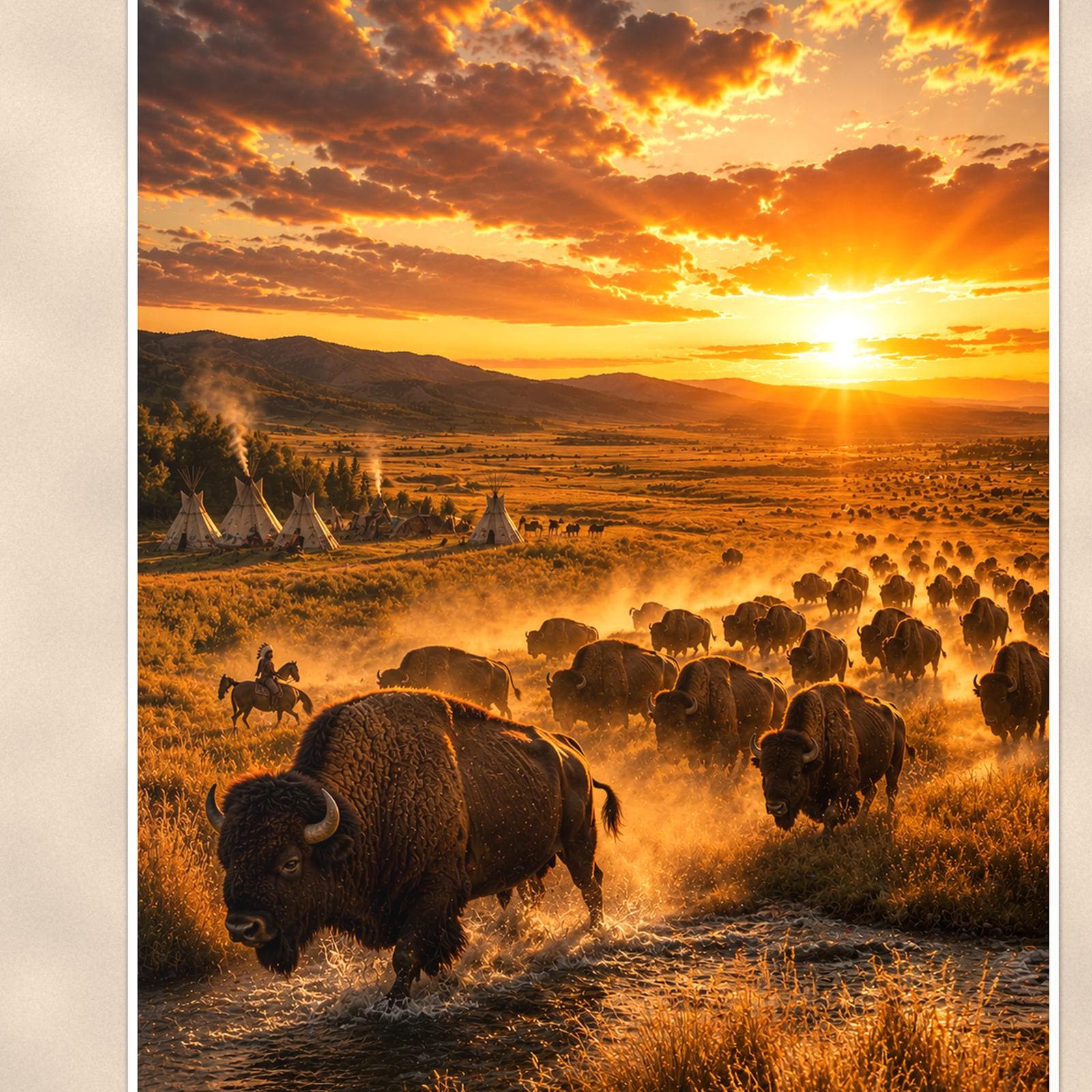 Bison Herd Sunset — 24x36 in art print poster, premium luster paper with a white border; close-up framed on the main subject of the artwork, paper surface visible.
