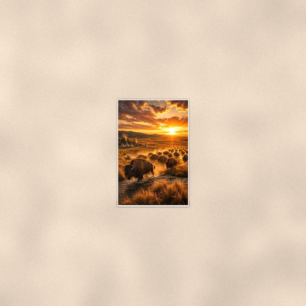 Bison Herd Sunset — 24x36 in art print poster, premium luster paper with a white border; poster seen from further back, at true 24x36 in scale on a warm wall.