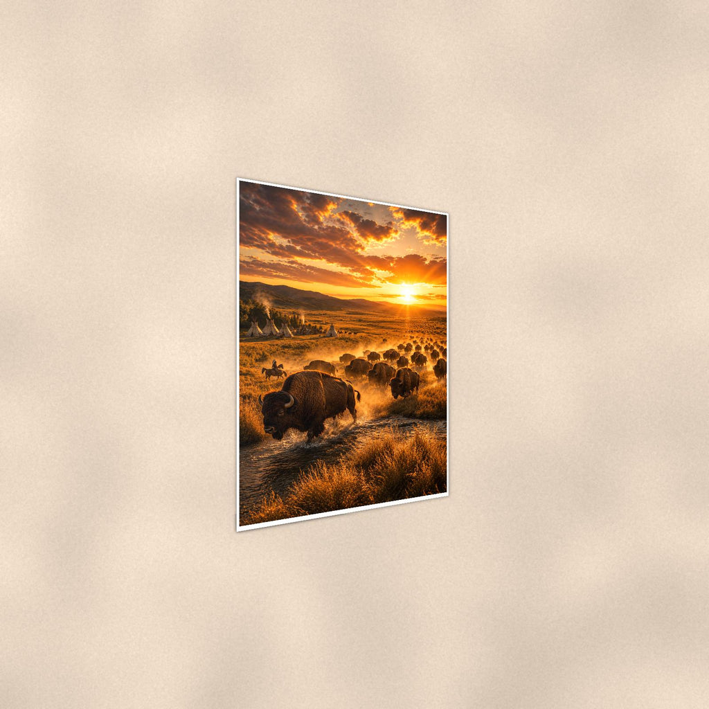 Bison Herd Sunset — 24x36 in art print poster, premium luster paper with a white border; steeper three-quarter angle on a warm wall, catching the luster sheen.
