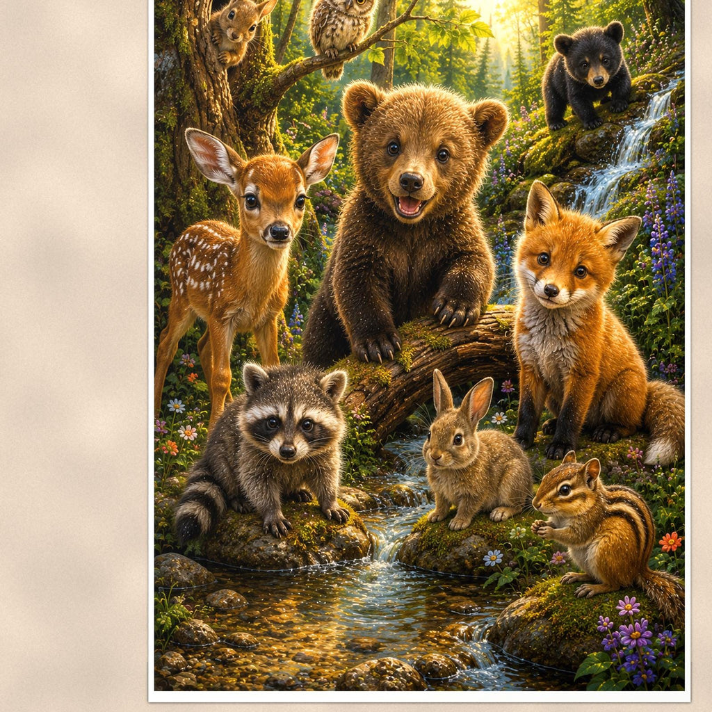 Woodland Animal Gathering — 24x36 in art print poster, premium luster paper with a white border; close-up framed on the main subject of the artwork, paper surface visible.