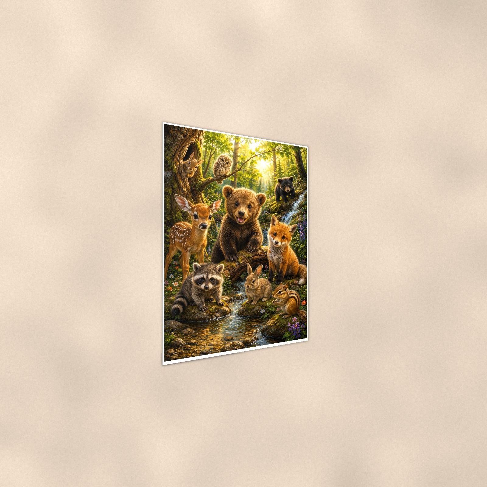 Woodland Animal Gathering — 24x36 in art print poster, premium luster paper with a white border; steeper three-quarter angle on a warm wall, catching the luster sheen.