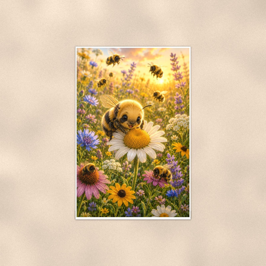 Bumblebee Puppy Meadow — 24x36 in art print poster, premium luster paper with a white border; poster shown straight on against a warm wall.