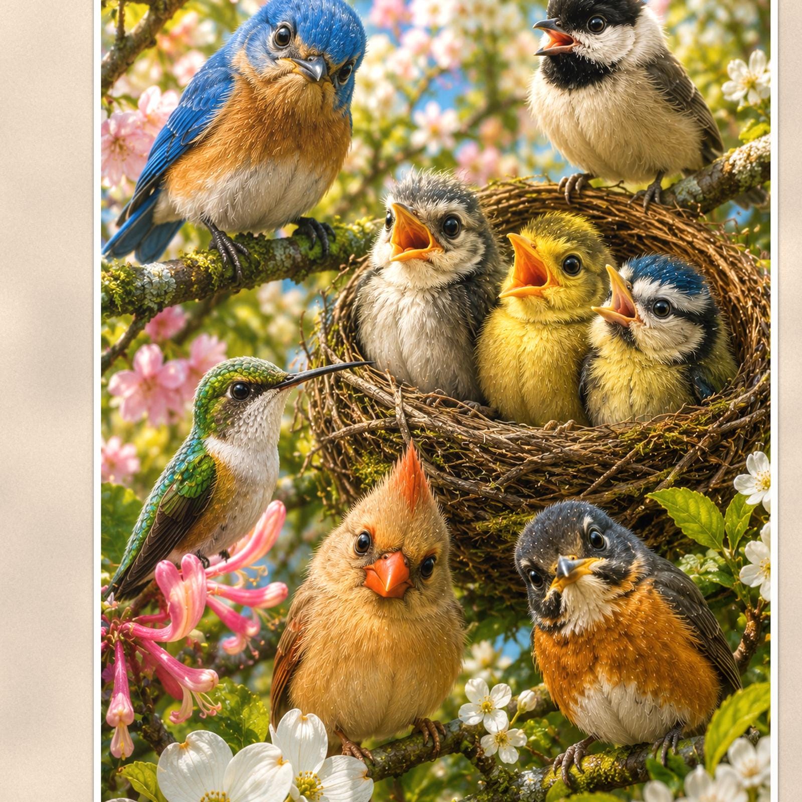 Garden Bird Gathering — 24x36 in art print poster, premium luster paper with a white border; close-up framed on the main subject of the artwork, paper surface visible.