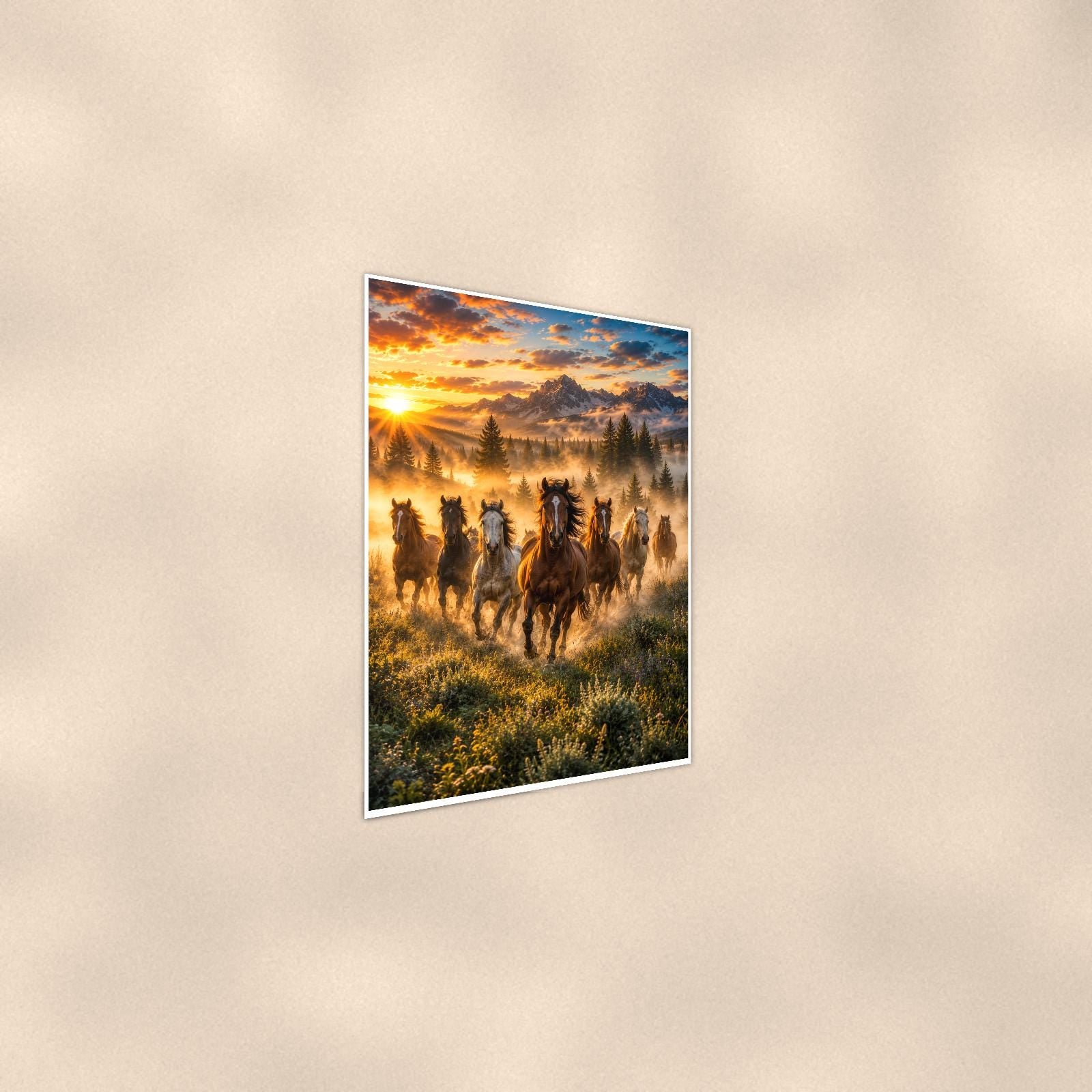 Horse Herd Morning — 24x36 in art print poster, premium luster paper with a white border; steeper three-quarter angle on a warm wall, catching the luster sheen.