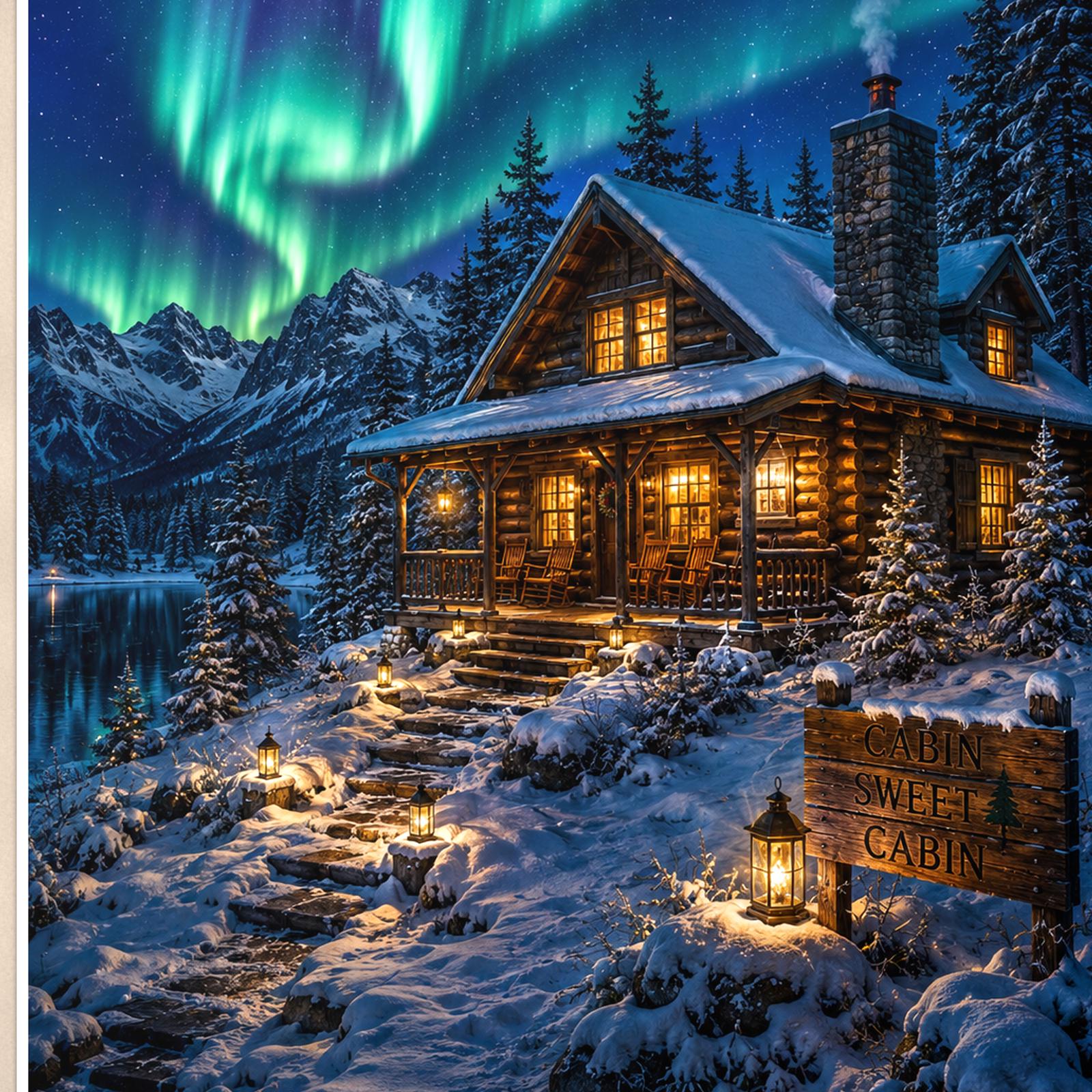 Aurora Cabin — 24x36 in art print poster, premium luster paper with a white border; close-up framed on the main subject of the artwork, paper surface visible.
