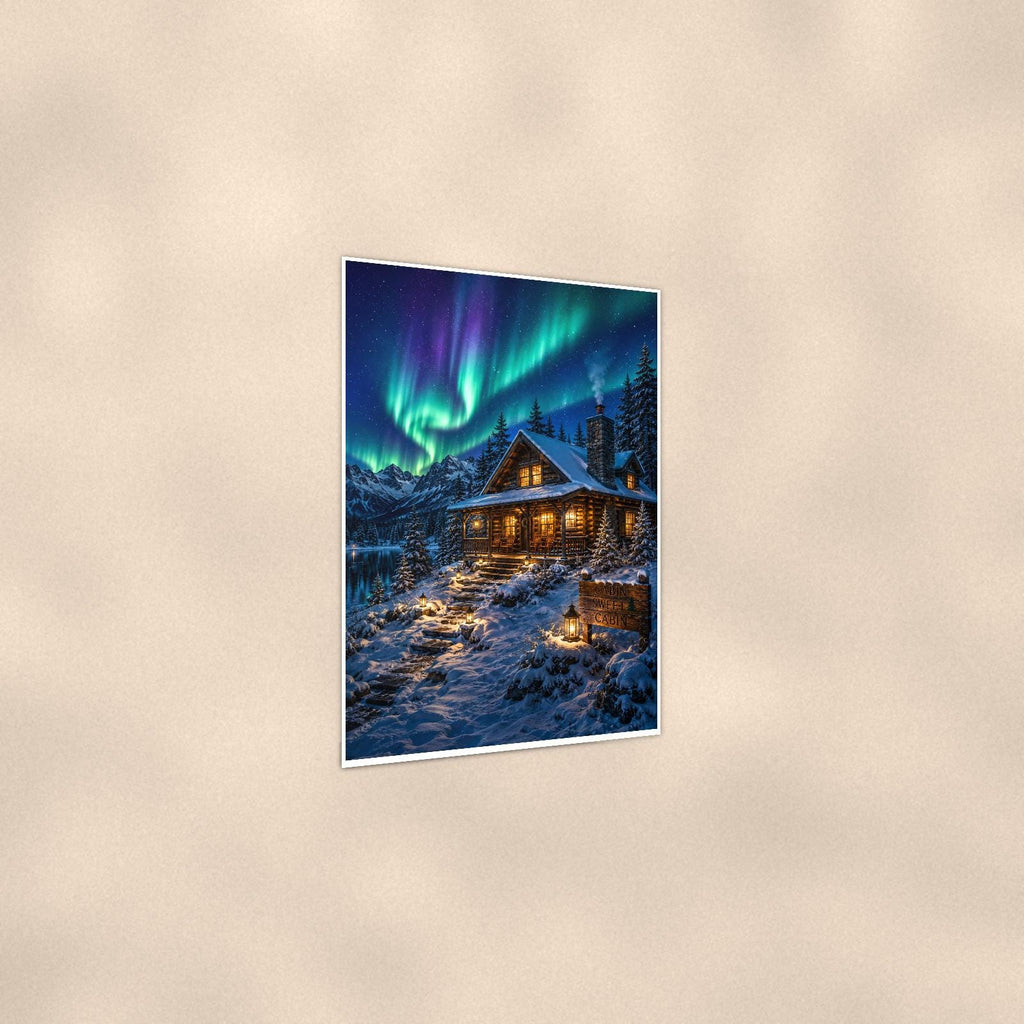 Aurora Cabin — 24x36 in art print poster, premium luster paper with a white border; gentle three-quarter angle on a warm wall, showing the flat paper edge.