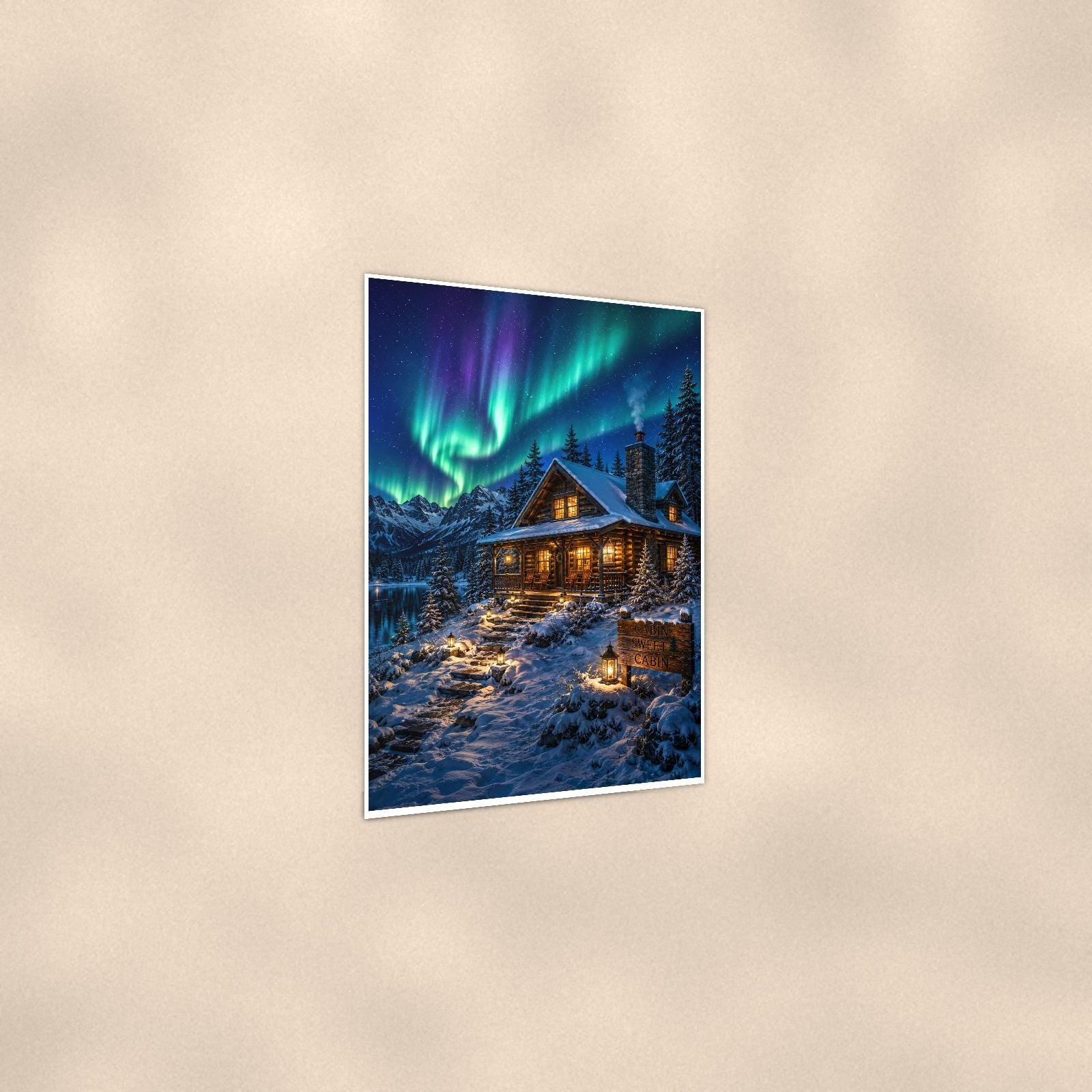 Aurora Cabin — 24x36 in art print poster, premium luster paper with a white border; gentle three-quarter angle on a warm wall, showing the flat paper edge.